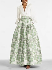 cheap FLORALS-A-Line Evening Gown Elegant Dress Formal Wedding Floor Length Long Sleeve V Neck Pocket Nylon with Floral Print Pocket Derby Dress Race Day Dress Wedding Guest Dress 2025