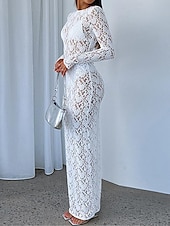ieftine Bodycon Club Dresses-Pentru femei Rochie albă Rochie Lunga Rochie Maxi Dantelă Peteci Dată Vacanță Șic Stradă Maxi Rotund Manșon Lung Negru Alb Culoare