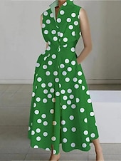 ieftine Rochii Business-Pentru femei Rochie Maxi lungă Rochii Tip Cămașă Rochie din satin Epocă Vacanță Fit regulat Buline Fără manșon Guler Cămașă Negru Alb Trifoi Vară Primăvară