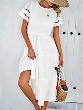 baratos Vestidos de renda branca-Mulheres Vestido branco Vestido midi Com Transparência Patchwork Encontro Férias Roupa de rua Básico Gola Redonda Manga Curta Preto Branco Marron Cor