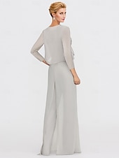 abordables Combinaisons pour maman-Ensemble jumpsuit  pantalon en deux pièces de mariage à la plage mère de la mariée invitée de mariage formelle élégante wrap inclus col bateau longueur sol chiffon manches 3/4 avec appliques 2025