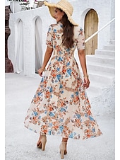 economico Abiti eleganti floreali-abito tubino da donna abito in chiffon prendisole floreale grafico elastico in vita stampa scollo a V spalle scoperte abito lungo abito lungo elegante tropicale festa appuntamento manica corta estate