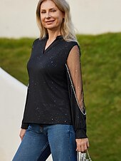 cheap Women&#039;s Plain Tops-Women&#039;s Shirt Blouse Fashion Mesh Patchwork Print Long Sleeve Regular Tops V Neck Casual Black Spring &amp;  Fall