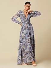 abordables Robes décontractées-femme robe longue invité de mariage bleu manches longues fleurs / plantes mousseline impression printemps &amp;amp;  Robe à motif col en V d&#039;automne, robe volante, robes corset s m l