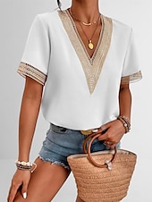 preiswerte Spitzenoberteile-Damen Weiße Elegante Spitzen Tops Loch Bluse T-Shirt Burgunder Tee Schlichte Reguläre Tops Kurze Ärmel V-Ausschnitt Reguläre Passform Täglich Wochenende Romantische Petite Tops Sommer Urlaub Trag
