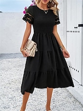 baratos Vestidos de renda branca-Mulheres Vestido branco Vestido midi Com Transparência Patchwork Encontro Férias Roupa de rua Básico Gola Redonda Manga Curta Preto Branco Marron Cor