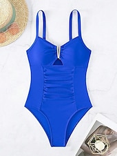 abordables Maillots de bain une pièce-Maillot de bain une pièce femme décolleté en V col clé ruché tankini maillot de bain bleu couleur unie extensible à séchage rapide été plage avec accents dorés contrôle du ventre maillot de bain