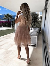 ieftine Rochii Party-Pentru femei Rochie de mireasa din dantela alba Rochii Boho Chic Rochie Boho pentru invitați de nuntă Rochie Mini Multistratificat cu Maneca Nuntă Dată Vacanță Linie A În V Fără manșon Negru Alb Roz