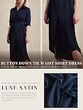 economico vestito casual-Abito camicia midi casual con bottoni in raso e allacciatura