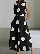 ieftine Rochii Business-Pentru femei Rochie Maxi lungă Rochii Tip Cămașă Rochie din satin Epocă Vacanță Fit regulat Buline Fără manșon Guler Cămașă Negru Alb Trifoi Vară Primăvară