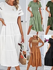 baratos Vestidos de renda branca-Mulheres Vestido branco Vestido midi Com Transparência Patchwork Encontro Férias Roupa de rua Básico Gola Redonda Manga Curta Preto Branco Marron Cor