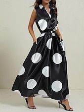 ieftine Rochii Business-Pentru femei Rochie Maxi lungă Rochii Tip Cămașă Rochie din satin Epocă Vacanță Fit regulat Buline Fără manșon Guler Cămașă Negru Alb Trifoi Vară Primăvară