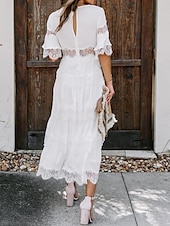 cheap White Lace Dresses-Women&#039;s White Dress Long Dress Maxi Dress Lace with Sleeve Wedding Date Vacation Elegant Bohemia V Neck Half Sleeve Black Pink Color