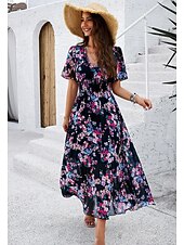 economico Abiti eleganti floreali-abito tubino da donna abito in chiffon prendisole floreale grafico elastico in vita stampa scollo a V spalle scoperte abito lungo abito lungo elegante tropicale festa appuntamento manica corta estate