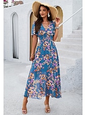 economico Abiti eleganti floreali-abito tubino da donna abito in chiffon prendisole floreale grafico elastico in vita stampa scollo a V spalle scoperte abito lungo abito lungo elegante tropicale festa appuntamento manica corta estate