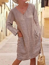 preiswerte Kleider aus Baumwolle und Leinen entwerfen-Damen Schwarz Gelb Kaki Sommer Frühling Midikleid Leinen-inspirierte Kleider schwarzes kleid Freizeitkleid Basic Modern Täglich Wochenende Lässiger Schnitt Einfach V Ausschnitt