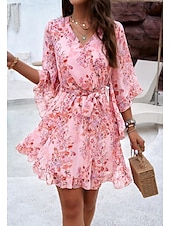 abordables Robes fleuries décontractées-robe décontractée pour femme robe fourreau robe d&#039;été rose imprimé 3D cravate devant imprimé col en V manches papillon mini robe bohème mignon rendez-vous vacances demi manches été printemps