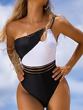 preiswerte Einteilige Badeanzüge-Damen normaler Badeanzug tropisch geometrisch ärmellos V-Bügel offener Rücken Druck Party Urlaub Regular Fit Leopard schwarz weiß Sommer