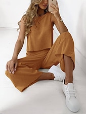 billige Settene-damepysjamas loungewear todelt sett avslappet ren farge bomull lin sett bukser hjemme ermeløs rund hals svart hvit brun khaki lys grå sommer vår