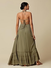 cheap Vacation Dresses-Women&#039;s Resort Maxi Dress Smocked Waist Blue Elegant Halter Neck Cami Maxi Dress Beach Cover Up