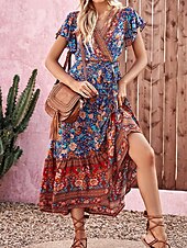 abordables Robes Bohémiennes-Femme Robe mi-longue Robe casual Robe Évasée Robe Trapèze Robe d&#039;été Bohême Bohème Trapèze Vacances Plein Air Ample Floral Manche Courte Col V Bleu Eté