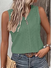 economico Top e canotte da donna-Top in canotta da donna senza maniche in pizzo occhiello scollatura a V estate casual bianco con dettagli a bottoni tessuto morbido abbigliamento quotidiano versatile taglie disponibili