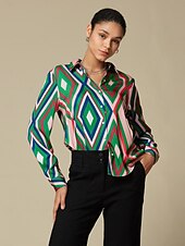 baratos camisas, tops e blusas-camisa casual com estampa geométrica de cetim