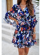 abordables Robes fleuries décontractées-robe décontractée pour femme robe fourreau robe d&#039;été rose imprimé 3D cravate devant imprimé col en V manches papillon mini robe bohème mignon rendez-vous vacances demi manches été printemps