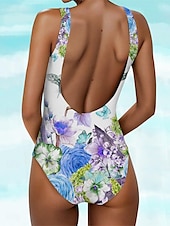 billiga One-piece-baddräkter-Kvinnors badkläder En-delad Monokini Badkläder baddräkt Öppen rygg Tryckt Hög midja Sportmode Blommig Scoop Neck Ärmlös Badkläder