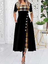 cheap Work Dresses-Women&#039;s Midi Dress Elegant Dress Elegant Stylish Vacation Party Regular Fit Plaid Short Sleeve Crew Neck Black Yellow Wine Purple Summer Spring