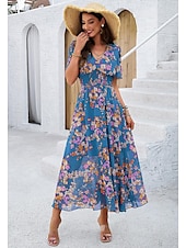 economico Abiti eleganti floreali-abito tubino da donna abito in chiffon prendisole floreale grafico elastico in vita stampa scollo a V spalle scoperte abito lungo abito lungo elegante tropicale festa appuntamento manica corta estate