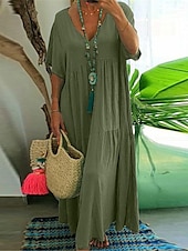 abordables Vestidos-Mujer Vino Azul Marino Naranja Verano Primavera Vestido maxi Vestidos de lino y algodón Vestido informal Vestido de verano de algodón Básico Moderno Diario Fin de semana Holgado Plano Escote en Pico