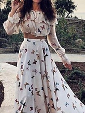 billiga Set med klänningar-Dam Klänning Set Vardagsklänning Boho Chic klänningar Långärmad Boho klänning Semester bohemliv Mode Volang Mönster Långklänning Maxiklänning Över axeln Långärmad Fjäril Lös passning Sommar Vår