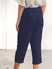 cheap Plain Cotton Linen Pant-Women&#039;s Cotton Linen Pants Fashion Basic Comfort Pure Color Pocket Elastic Waist Breathable Micro-elastic Street Daily Black White Navy Blue Brown Summer
