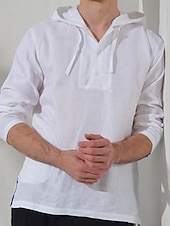voordelige luxe linnen overhemden-100% linnen Voor heren linnen overhemd Overhemd Strand hemd Zwart Wit Donker Marine Lange mouw Effen Capuchon Lente &amp; Herfst Buiten Dagelijks Kleding