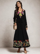 preiswerte abendkleider-Besticktes Maxikleid für Damen, V-Ausschnitt, lange Ärmel, Blumenmuster, Folk-inspiriert, schwarz, mehrfarbig, elegant, leger bis halbformell, für Frühling und Herbst, leicht, bequeme Passform, in
