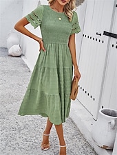 baratos Vestidos de renda branca-Mulheres Vestido branco Vestido midi Com Transparência Patchwork Encontro Férias Roupa de rua Básico Gola Redonda Manga Curta Preto Branco Marron Cor