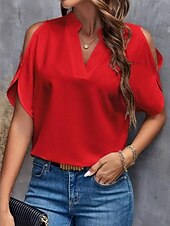 abordables Hauts Unis pour Femmes-Chemise Chemisier Femme Noir Blanche Jaune Couleur unie Découpé Plein Air du quotidien Mode Col V S