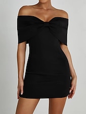 preiswerte Bodycon für den Klub-Damen Etuikleid Minikleid Rückenfrei Schleife Hochzeit Party Elegant Ausgefallene Schulterfrei Kurzarm Schwarz Weiß Rote Farbe