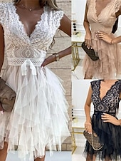 ieftine Rochii Party-Pentru femei Rochie de mireasa din dantela alba Rochii Boho Chic Rochie Boho pentru invitați de nuntă Rochie Mini Multistratificat cu Maneca Nuntă Dată Vacanță Linie A În V Fără manșon Negru Alb Roz