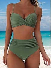 billiga Bikiniset-Dam Badkläder Bikini Shorts Baddräkt 2 st Hög midja Standkläder Grundläggande Slät Ärmlös Baddräkter
