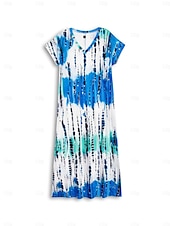 abordables Robes Rayés et Géométriques-robe longue femme col en V imprimé tie-dye bleu vert blanc fente latérale décontractée plage été fluide confortable polyvalent manches courtes tailles disponibles mode