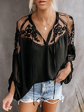 levne Dámské sexy topy-Košile Krajková košile Halenka Síťovaný patchworkový top Dámské Černá Bílá Pevná barva Šněrování Síťka ulice Denní Módní Do V S