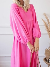 cheap Design Cotton &amp; Linen Dresses-Women&#039;s Pink Orange Rose Red Summer Spring Maxi Dress Linen-Inspired Dresses Casual Dress Basic Modern Daily Weekend Loose Fit Plain V Neck