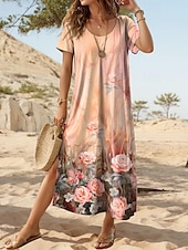 ieftine rochie florală-Rochie Maxi Femei Rochie Casual Rochie T-Shirt Rochie Tee Rochie Plajă Rochie Hawaiian Dată Regular Fit Floral Mâneci Scurte Gât Crew Portocalie Vară