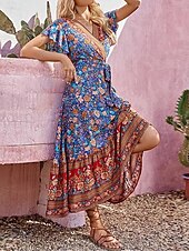 abordables Robes Bohémiennes-Femme Robe mi-longue Robe casual Robe Évasée Robe Trapèze Robe d&#039;été Bohême Bohème Trapèze Vacances Plein Air Ample Floral Manche Courte Col V Bleu Eté