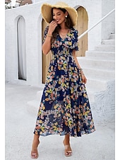economico Abiti eleganti floreali-abito tubino da donna abito in chiffon prendisole floreale grafico elastico in vita stampa scollo a V spalle scoperte abito lungo abito lungo elegante tropicale festa appuntamento manica corta estate