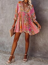 abordables Robes Bohémiennes-Femme Mini robe Robe Cachemire Robe casual Robes bohème chic robe boheme Bohême Ethnique Trapèze Vacances Plein Air Ample Floral Cachemire Manches 3/4 Col V Fuchsia Eté