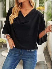 preiswerte Elegante Oberteile-Hemd Bluse Damen Schwarz Weiß Wein Feste Farbe Rüschen Strasse Täglich Modisch V Ausschnitt S