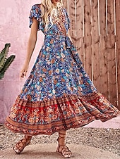 abordables Robes Bohémiennes-Femme Robe mi-longue Robe casual Robe Évasée Robe Trapèze Robe d&#039;été Bohême Bohème Trapèze Vacances Plein Air Ample Floral Manche Courte Col V Bleu Eté